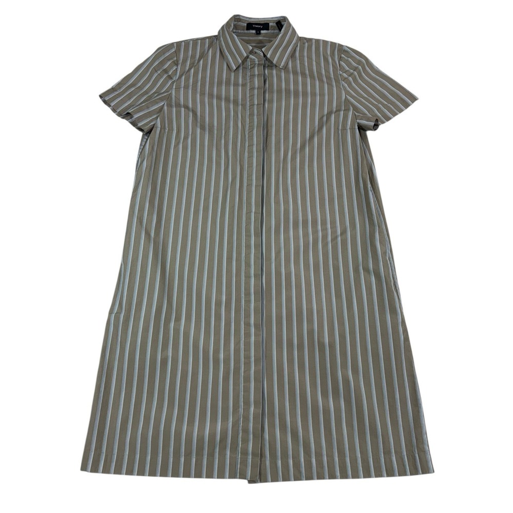 Theory Shirt Dress Size Small Beige Ribbon Stripe Button Down Pockets Poplin - Picture 2 of 15